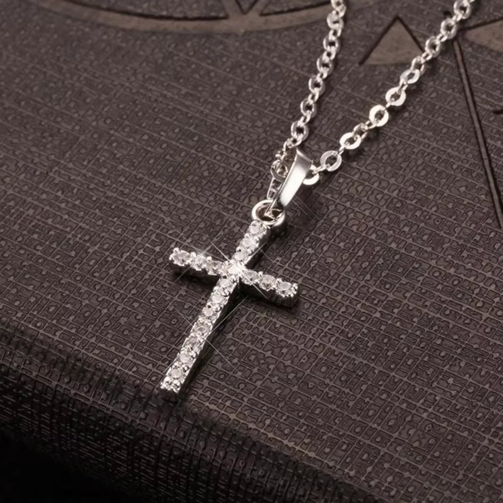 Cross Pendant Adjustable Necklace for Women with Rhinestone Inlay SILVER PLATED