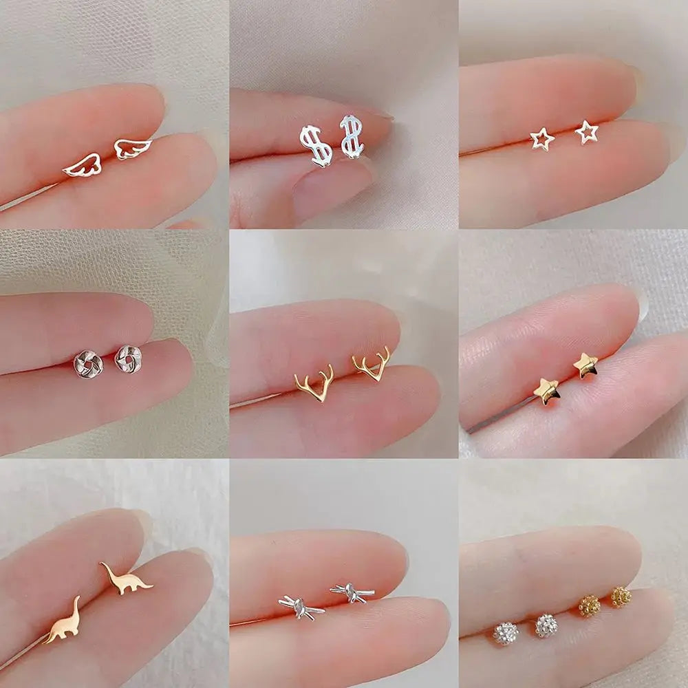 925 Silver Mini Stud Earrings for Women Heart Star Butterfly Dinosaur Design