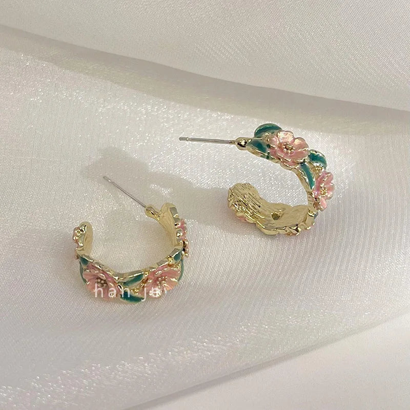 Rose Branch C-Shaped Drop Earrings for Women Romantic French Glaze Jewelry