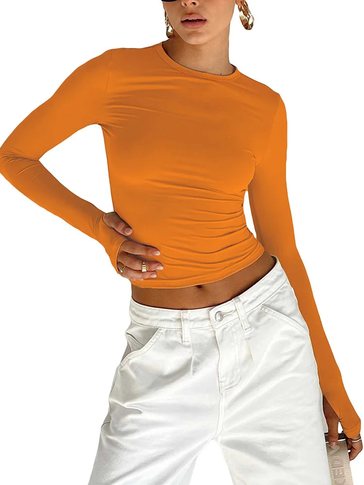 Dozw Women Long Sleeve Crew Neck Crop Top With Thumb Holes