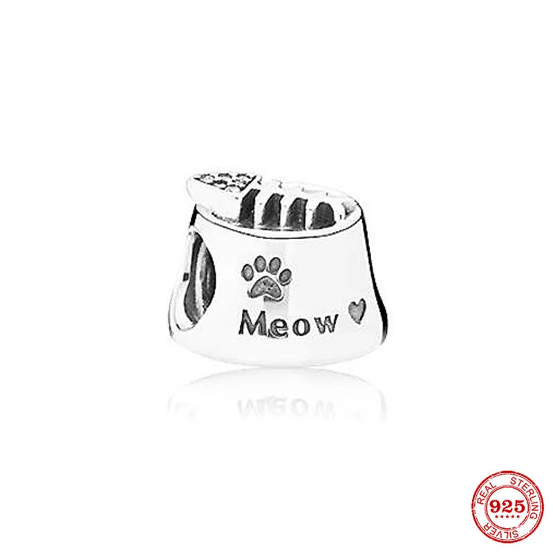 Sterling Silver Paw Print and Bone Charm Bead for Pet Bracelet Jewelry B277-cat
