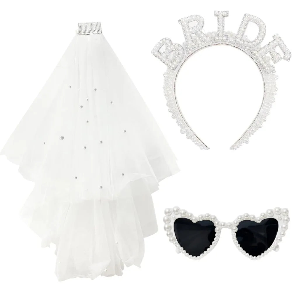 Glamorous Pearl Bride Headband With Veil and Heart Shaped Sunglasses for Bachelorette Party