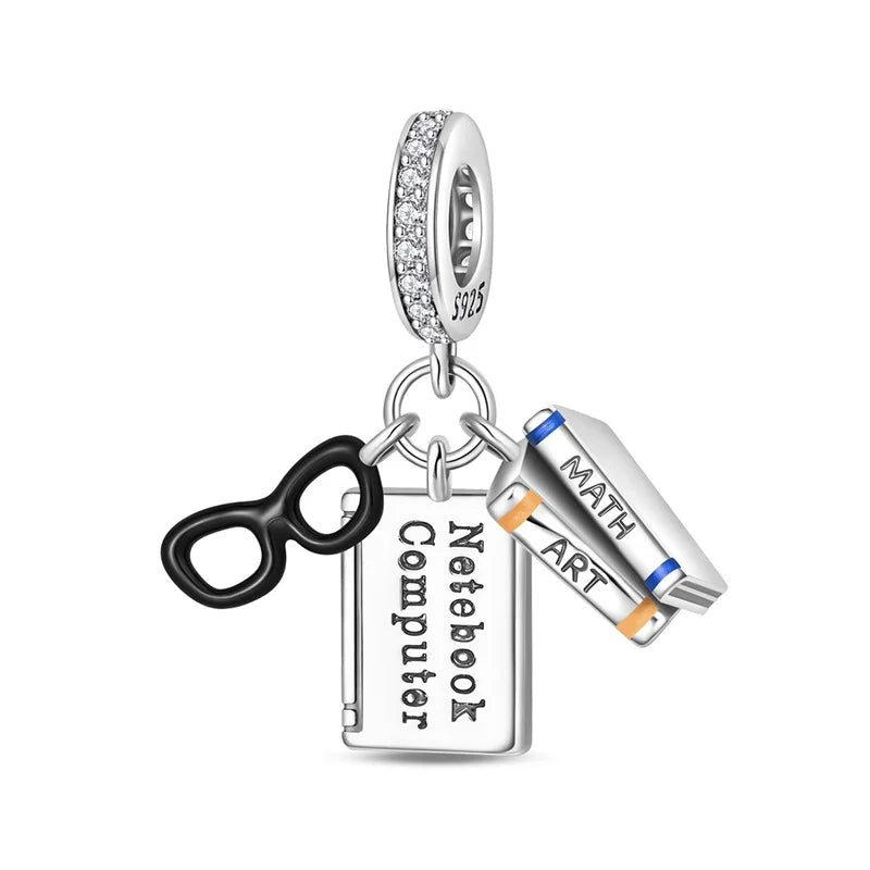 925 Sterling Silver Graduation Mortarboard Charm with Zircon Beads for DIY Bracelet Fine Jewelry Gift