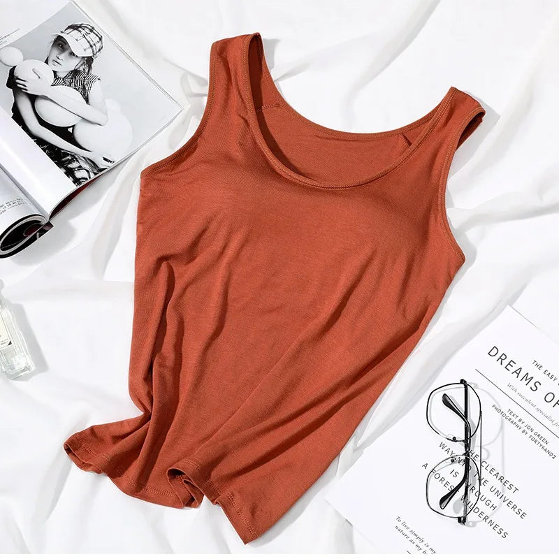 2023 Women’s Slim Fit Vest Tops with Built-In Bra Padded Neck Tank Casual Solid Color Shirts