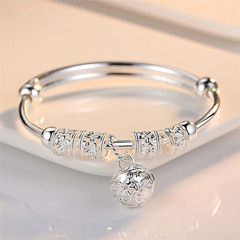 Fine 925 Sterling Silver Hollow Bells Ball Bangles Adjustable Bracelets for Women Stylish Holiday Gifts and Wedding Jewelry