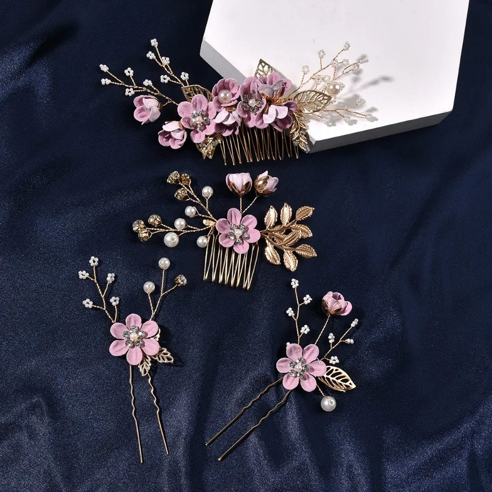 Elegant Bridal Pearl Hair Accessories Set – Floral Tiara, Barrette, and Combs for Wedding Elegance