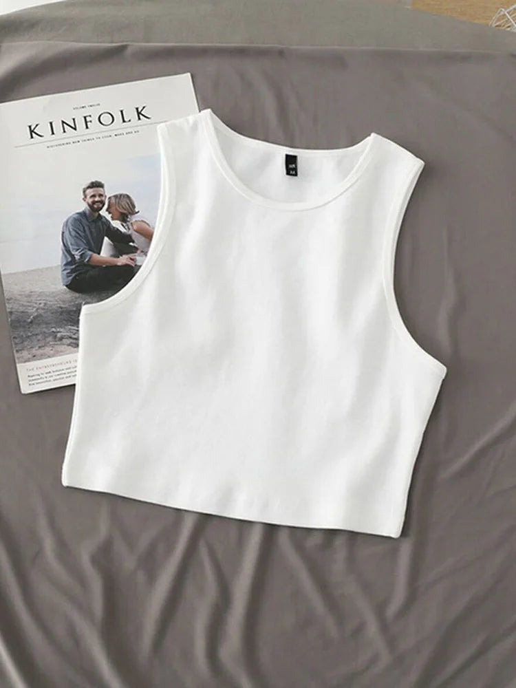 Summer Ladies Retro High Waist Slimming Stretch Cropped Sleeveless Knit Top