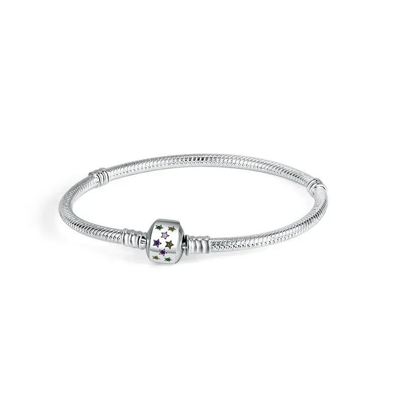 Sterling Silver 925 Star Clover Lotus Flower Snake Chain Bracelet for Women DIY Charm Jewelry Gift