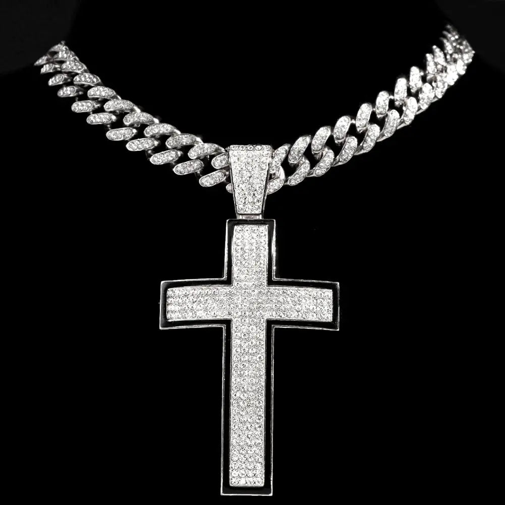 Punk Luxury Rhinestone Cross Pendant Cuban Link Necklace for Women and Men Hip Hop Iced Out Jewelry