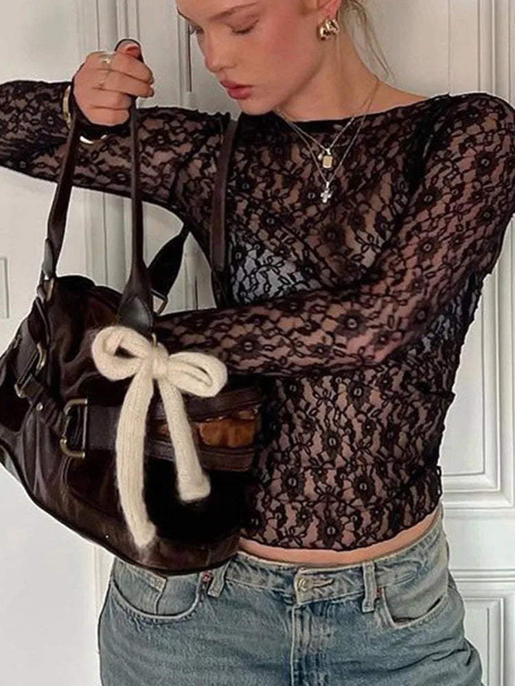Long Sleeve Sheer Lace Crop Top Slim Bodycon Party