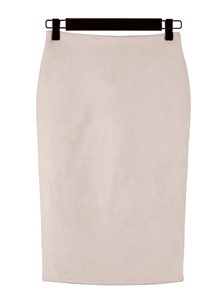 Multicolor Suede Midi Pencil Skirt Women High Waist Bodycon