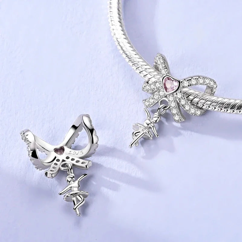 Sterling Silver Cat and Flower Heart Charm for DIY Bracelet Jewelry KTC1666