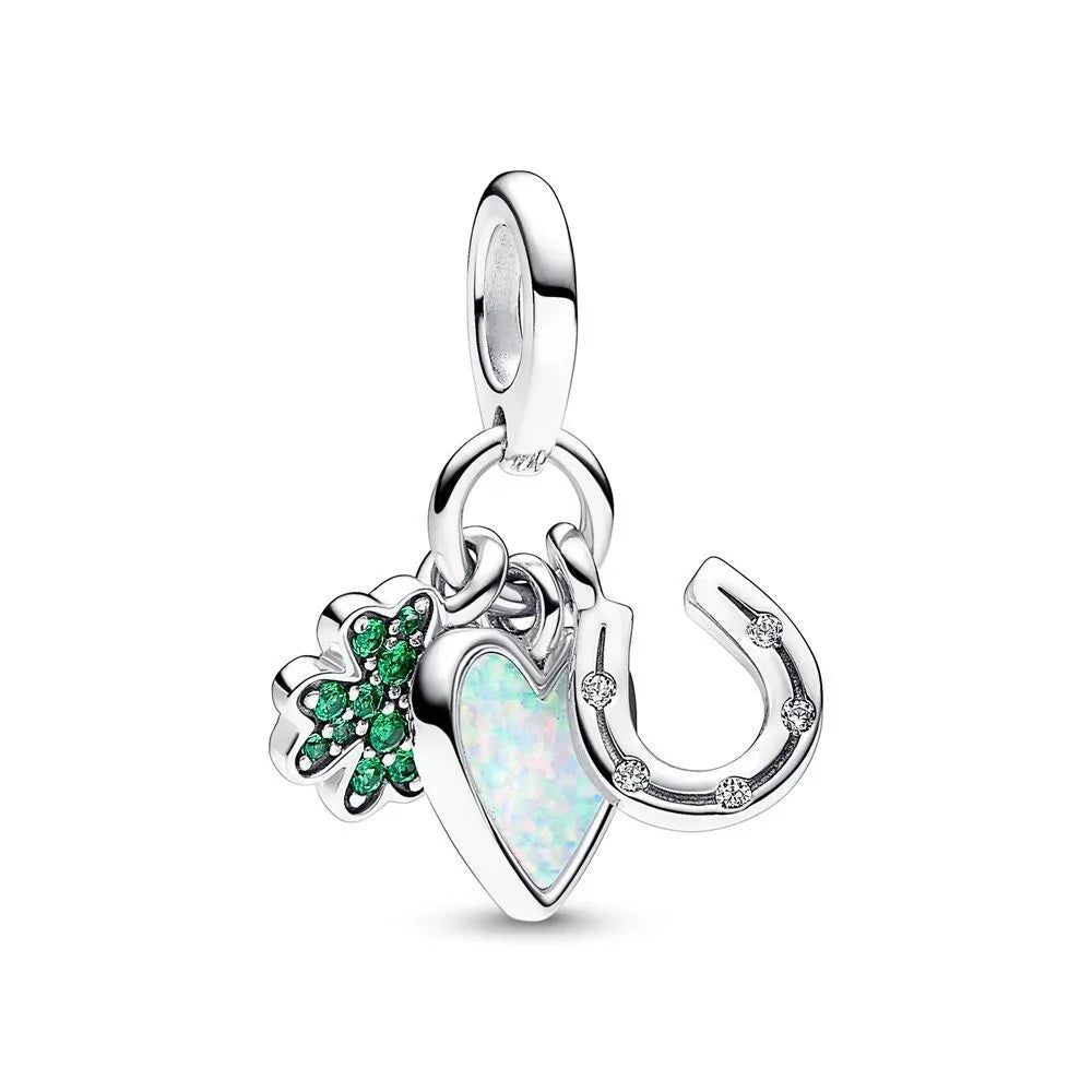 Lucky Four Leaf Clover Dangle Charm Sterling Silver Family Tree Flower Bead Pendant for Bracelets and Necklaces