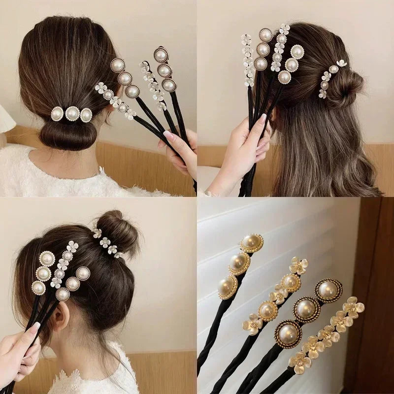 Elegant Pearl Flower Bun Maker Korean Lazy Hair Curlers for Effortless Styling