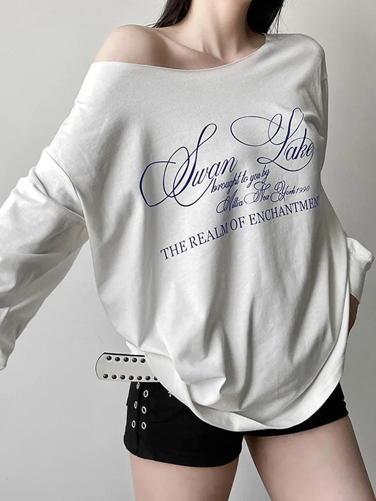 Y2K Aesthetic Off Shoulder Tee Harajuku Grunge Streetwear