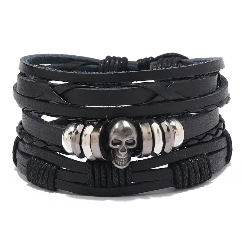 ZORCVENS Men's Handmade Braided Leather Bracelet Set - Vintage Black Punk Fashion Gift