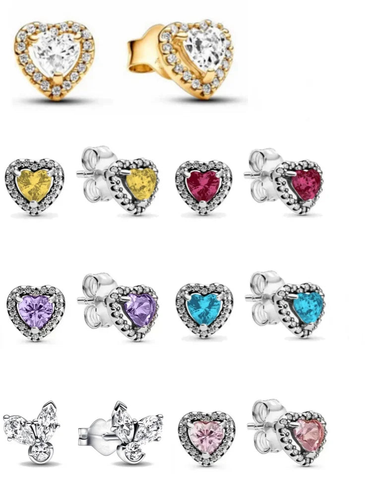 New 925 Silver Heart-Shaped Earrings with Purple Pink and Green Zircon for Exquisite Jewelry Gifts for Women