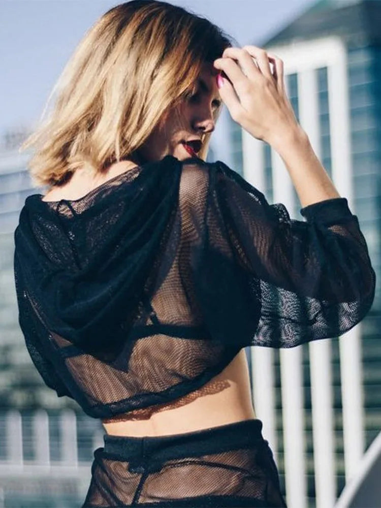 Womens Hollow Mesh Hooded Tee Transparent Black Partywear