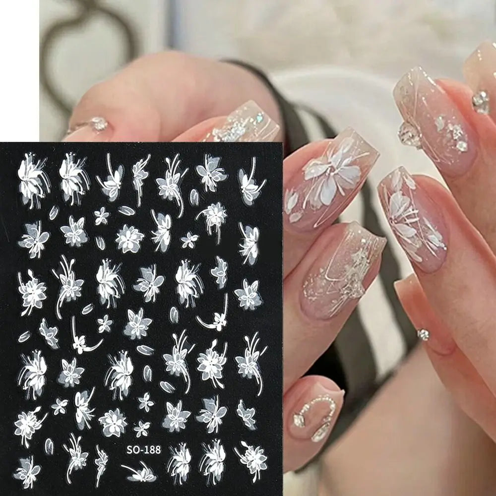 Elegant Black White Floral 3D Nail Art Stickers - Charming Petal Adhesive for DIY Manicure