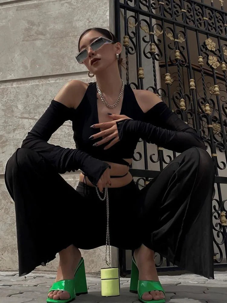 Sexy Black Crop Top Lace Up Streetwear Flattering Fit Women