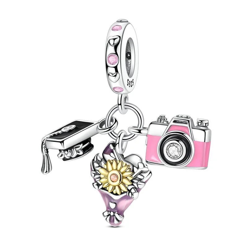 925 Sterling Silver Graduation Mortarboard Charm with Zircon Beads for DIY Bracelet Fine Jewelry Gift