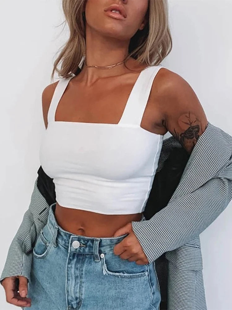 Square Neck Sleeveless Summer Crop Top White Cotton