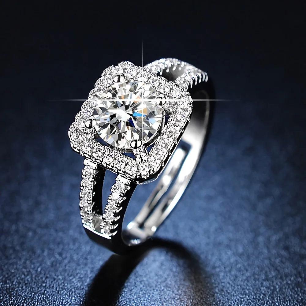 Hot 925 Sterling Silver Adjustable Crystal Square Ring for Women Fashion Party and Wedding Jewelry
