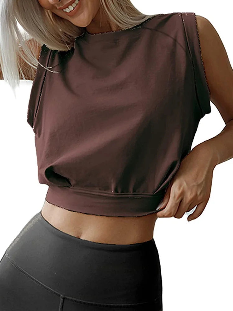Women Cute Cotton Crop Top Sleeveless Yoga Fitness Tee