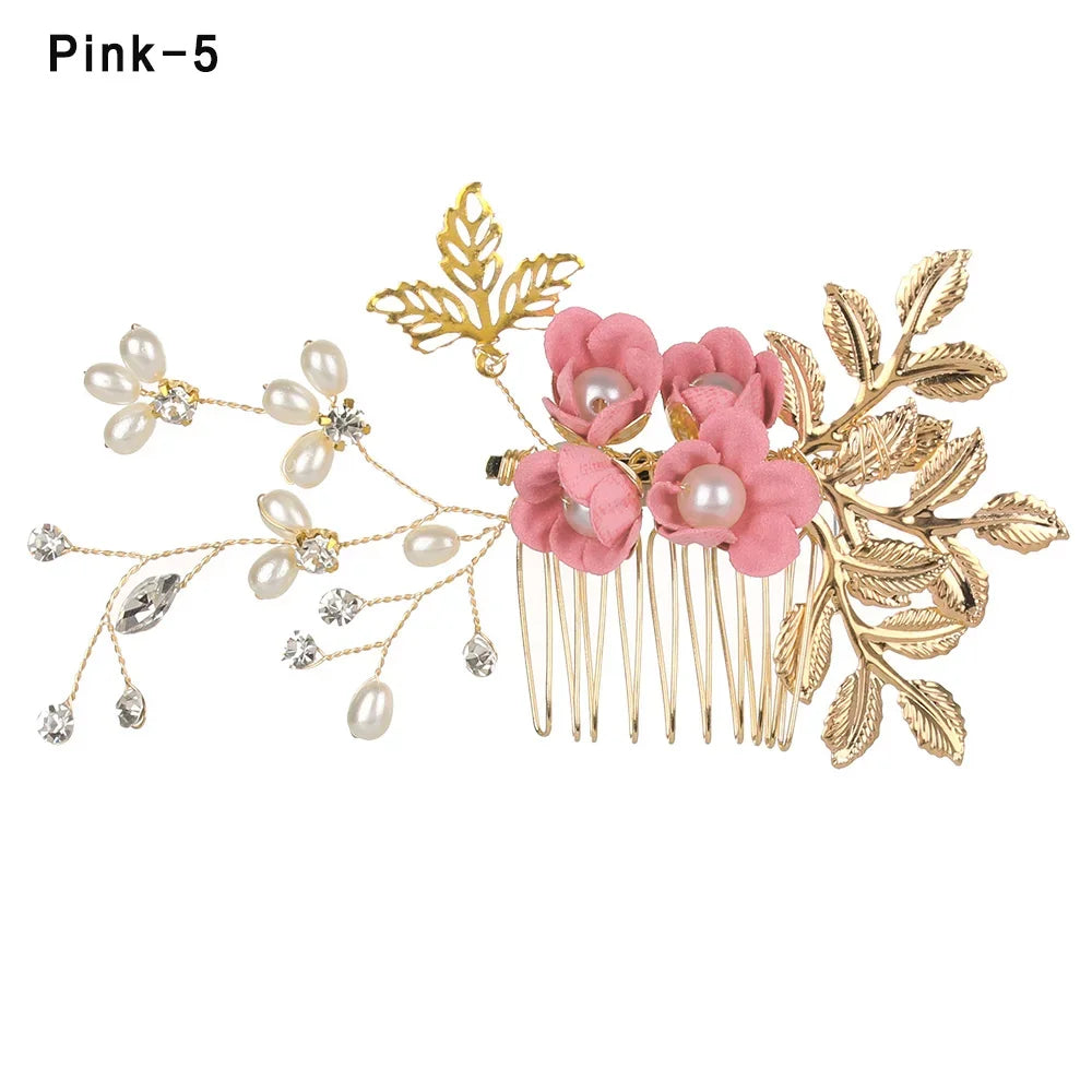 Luxury Crystal Crown Hair Combs - Elegant Bridal Clips with Leaf Design pink 5
