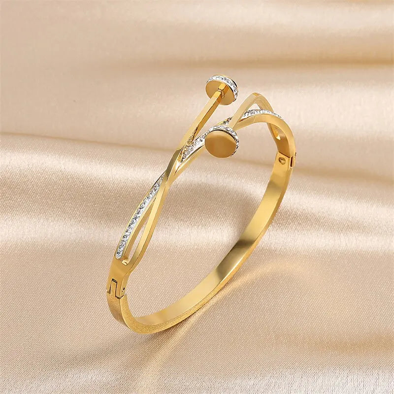 Gold Crystal Nail Head Cross Stainless Steel Women's Cuff Bracelet