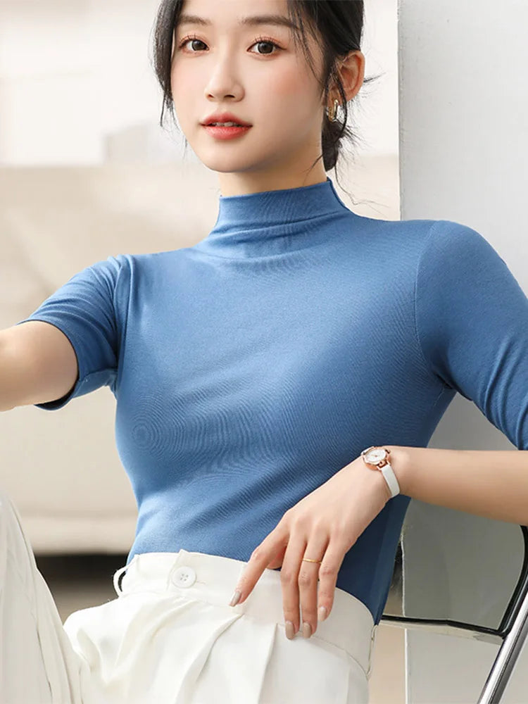 Half Turtleneck Milk Silk Slim Short Sleeve Top Basic