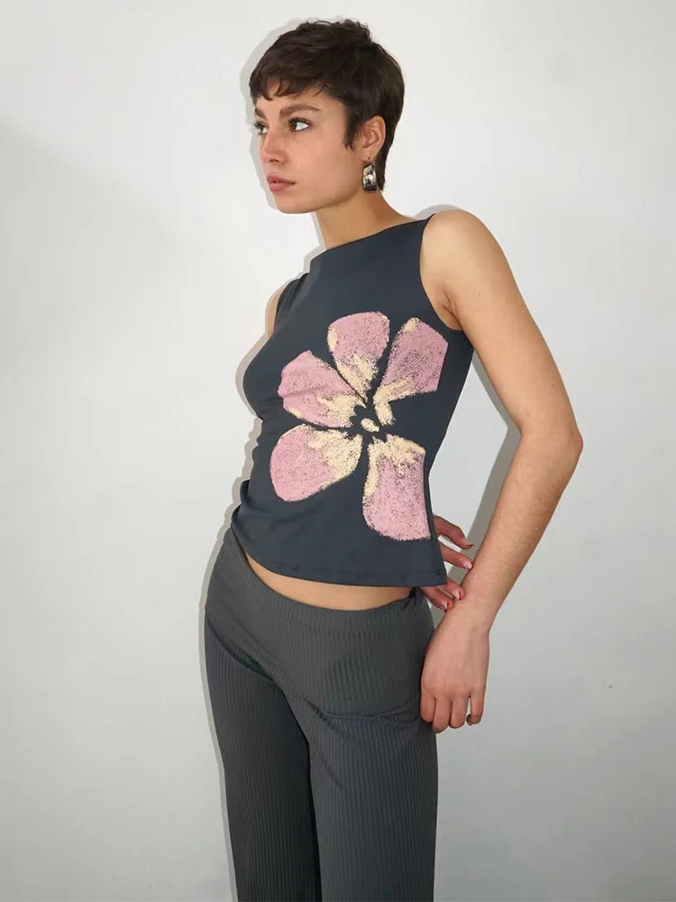 2025 Women Fitted Floral Crop Tank Boat Neck Summer Top