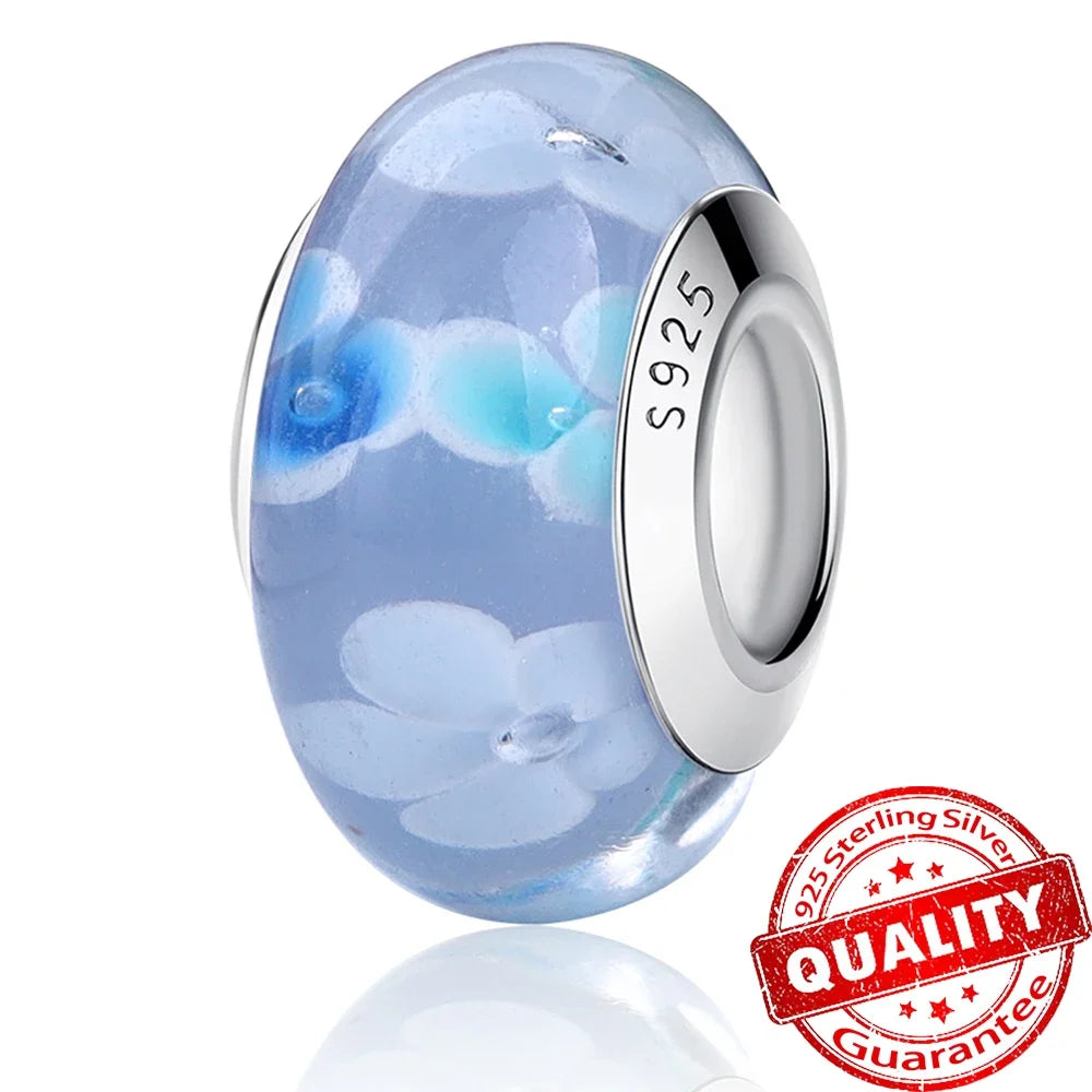 Colorful Flower Murano Glass Charm 925 Sterling Silver Top Rated DIY Jewelry for Bracelets and Necklaces LLZ007-BU