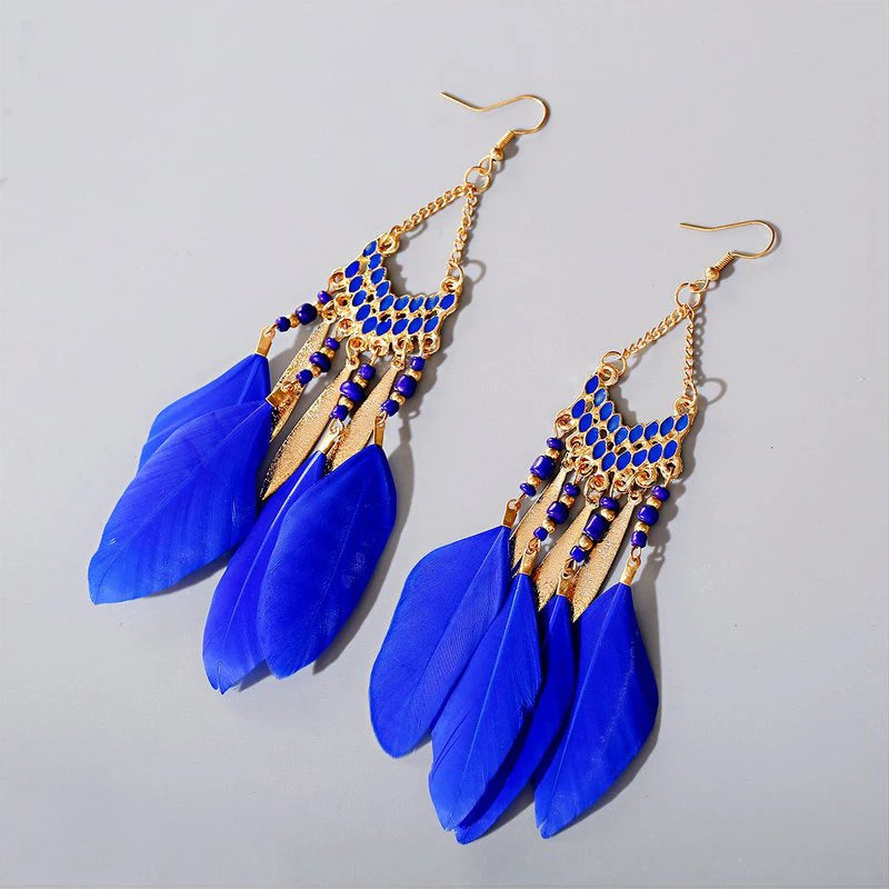 Bohemian Long Feather Drop Earrings with Tassel Beads and Enamel Flowers for Women