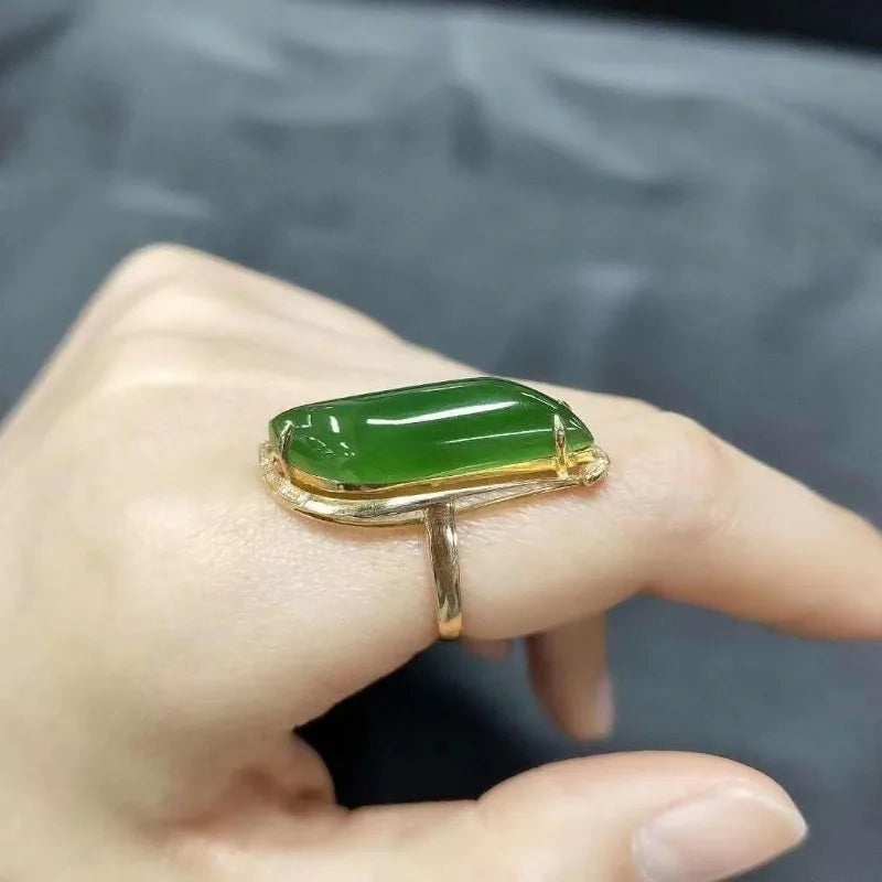Vintage Willow Leaf Green Hotan Jade Ring with Glossy Silver Inlay for Women Adjustable Fine Jewelry