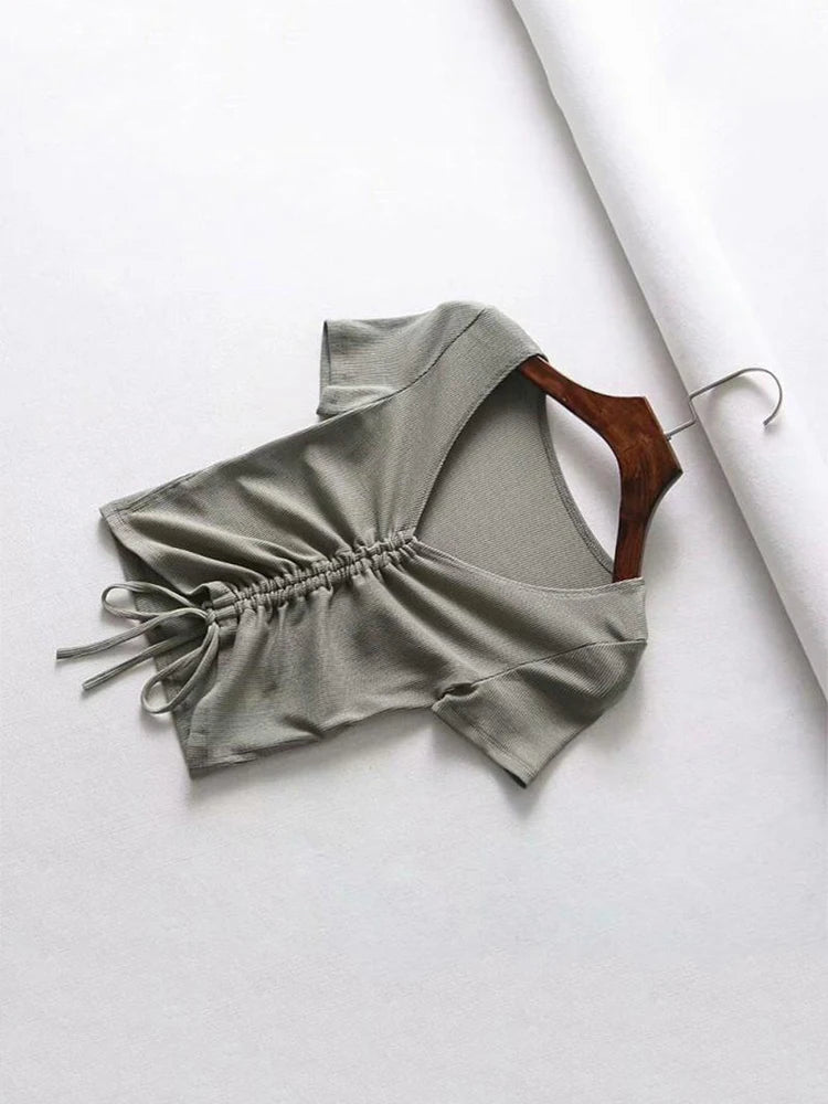 Women Candy Colors V Neck Cropped Tank Top Drawstring Tie