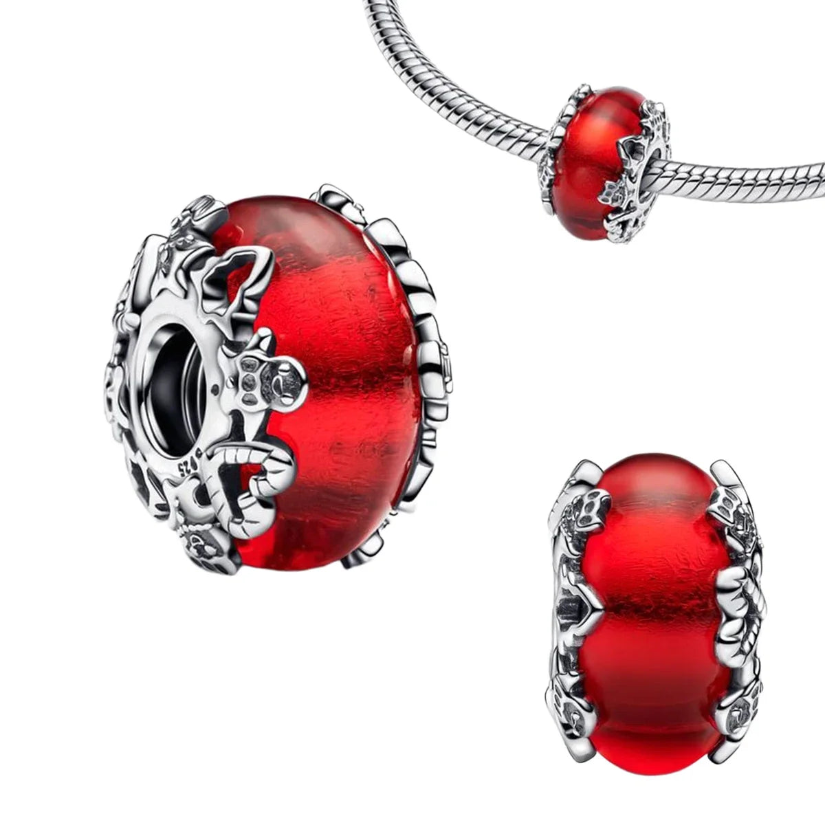 Original 925 Sterling Silver Red Charm Beads Set Heart Cherry Strawberry Flower Fish Zircon Accents for DIY Necklace and Bracelet Jewelry Gift