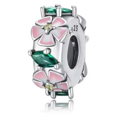 925 Sterling Silver Rose Sakura Flower Dangle Charm with Zircon for DIY Jewelry and Bracelets