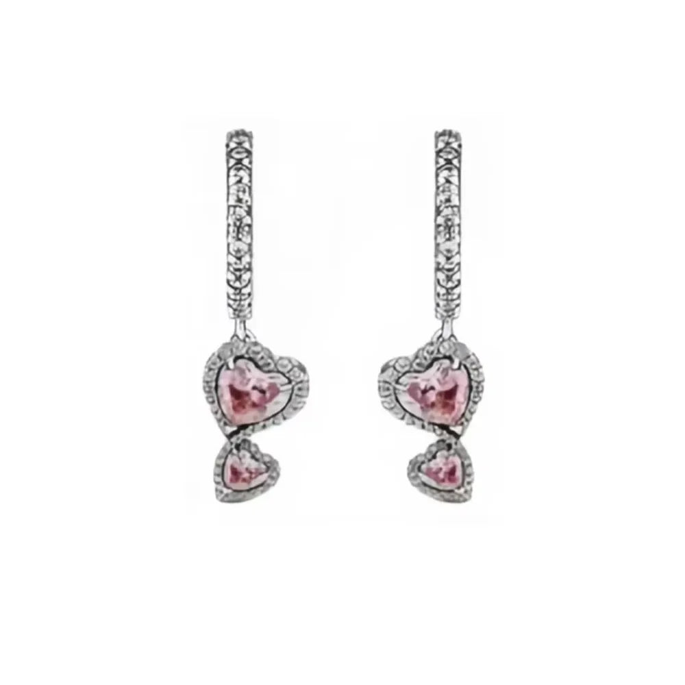 European 925 Silver Heart Shaped Earrings with Pink Red Green Zircon for Women Exquisite Holiday Jewelry Gifts