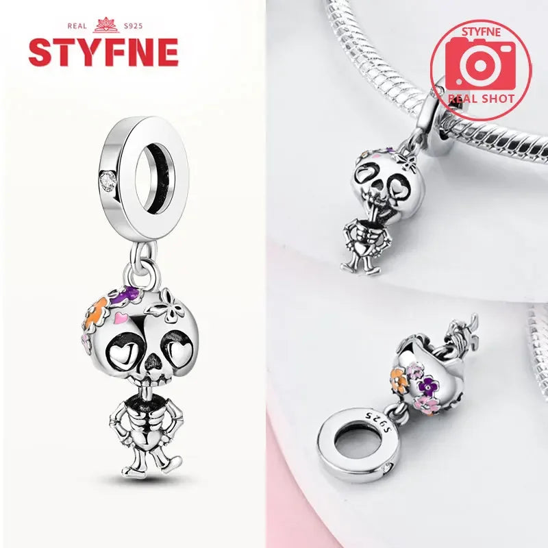 S925 Silver Luminous Zombie Skeleton Charm Bead Dangle