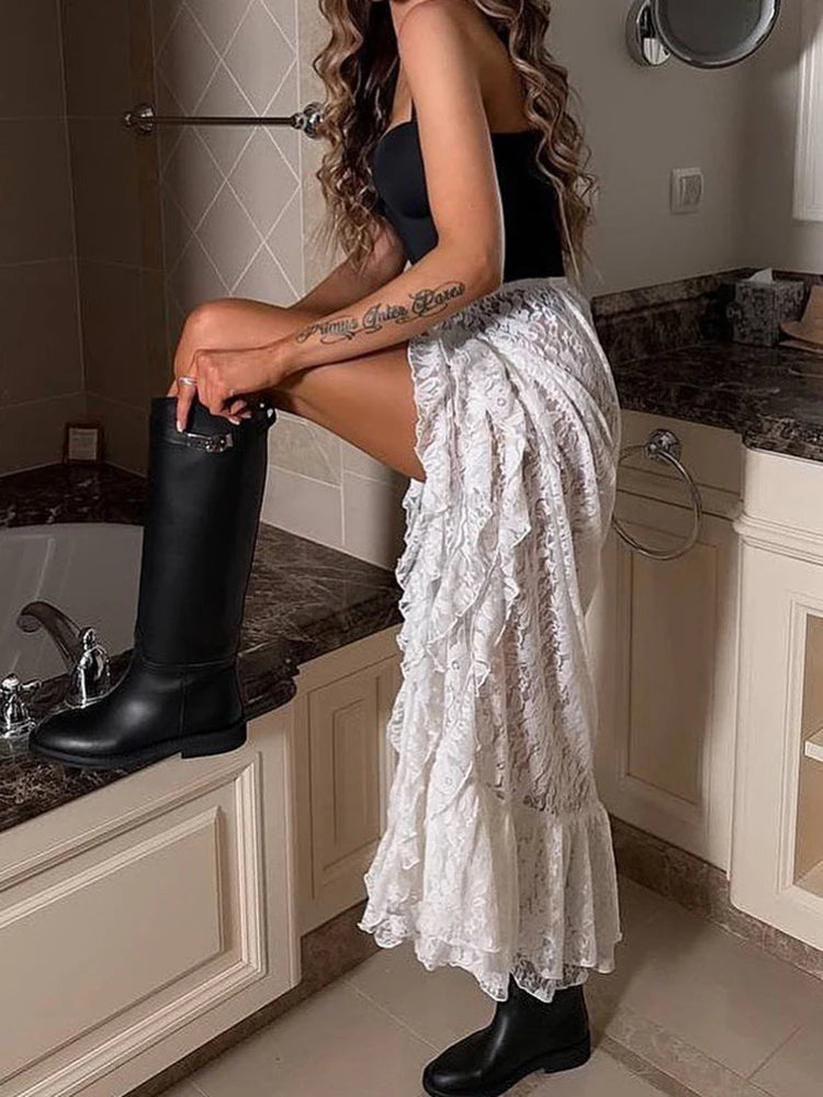 Lace Transparent Long Skirt Women Asymmetric Floral Ruffles