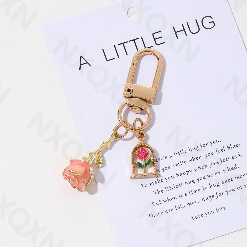 Charming Rose Enamel Keychain Set for Women and Girls - Handmade Floral Jewelry Valentine's Day Gift