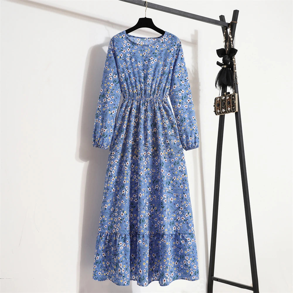 Spring Summer Women Maxi Dresses Casual Full Sleeve Floral