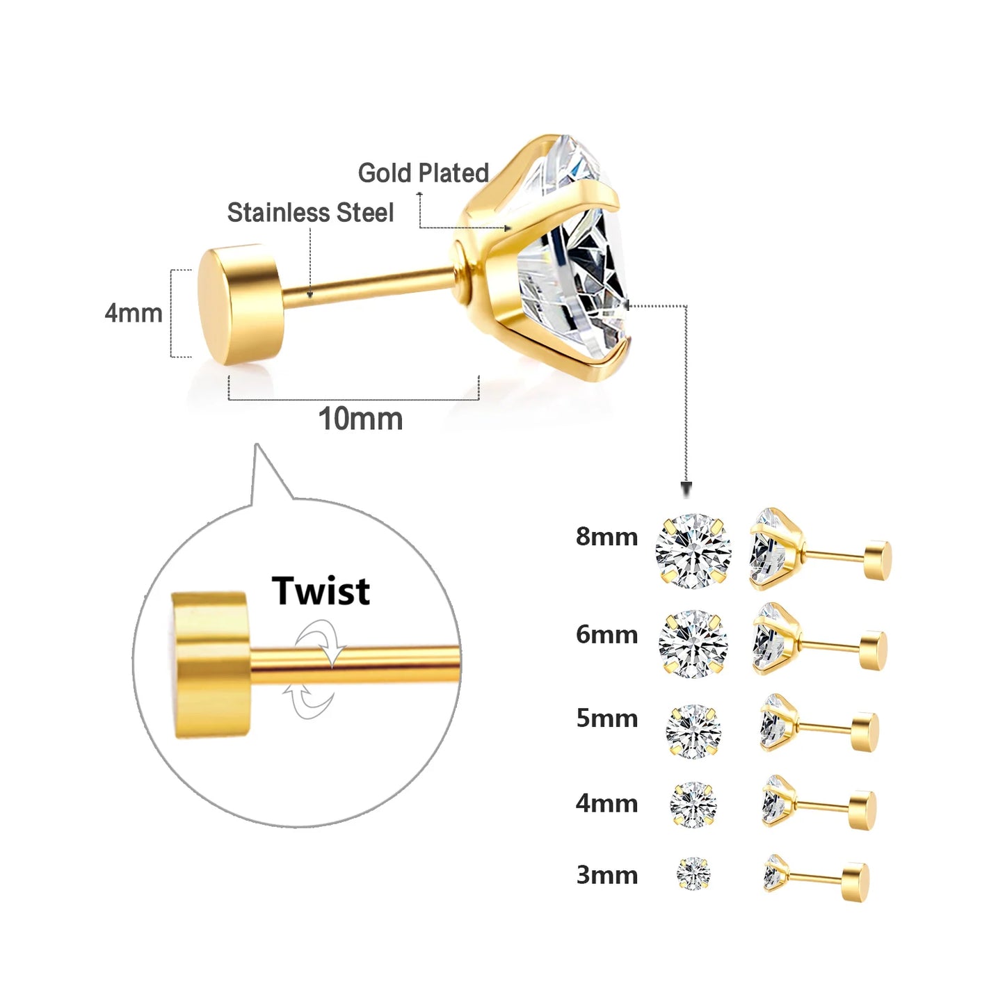 LUXUSTEEL Men's Crystal Zircon Stud Earrings 316L Stainless Steel Anti Allergic Cartilage Piercing 3-8mm
