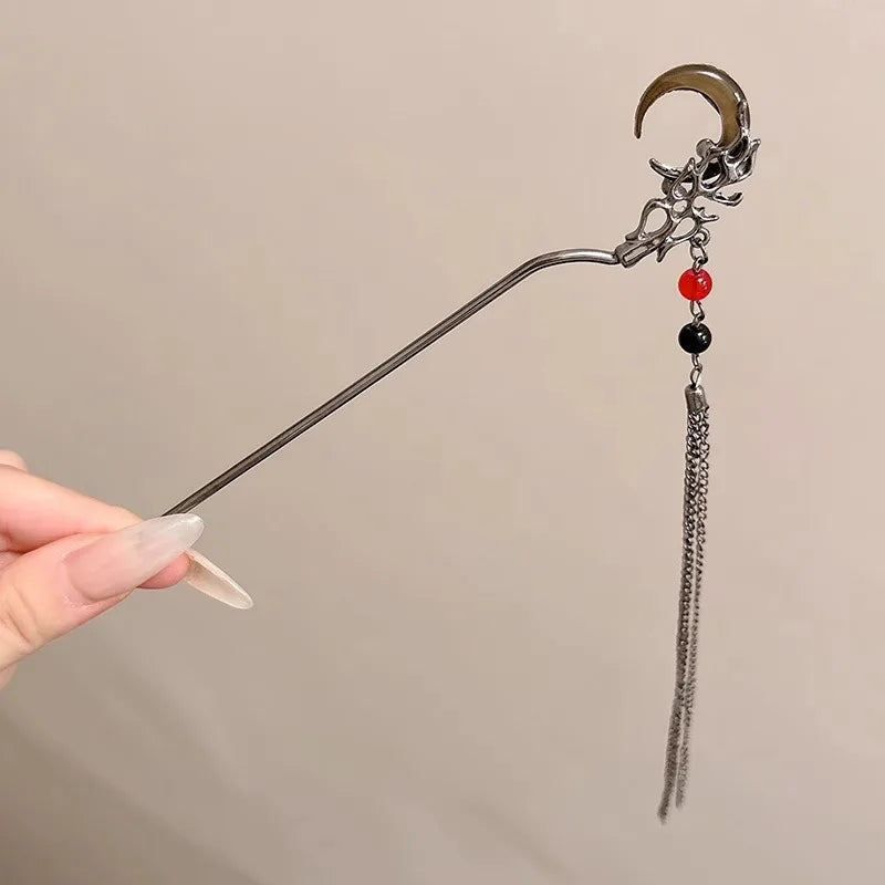 Elegant Black Crystal Moon Tassel Hair Stick For Women Retro Floral Hanfu Hairpin