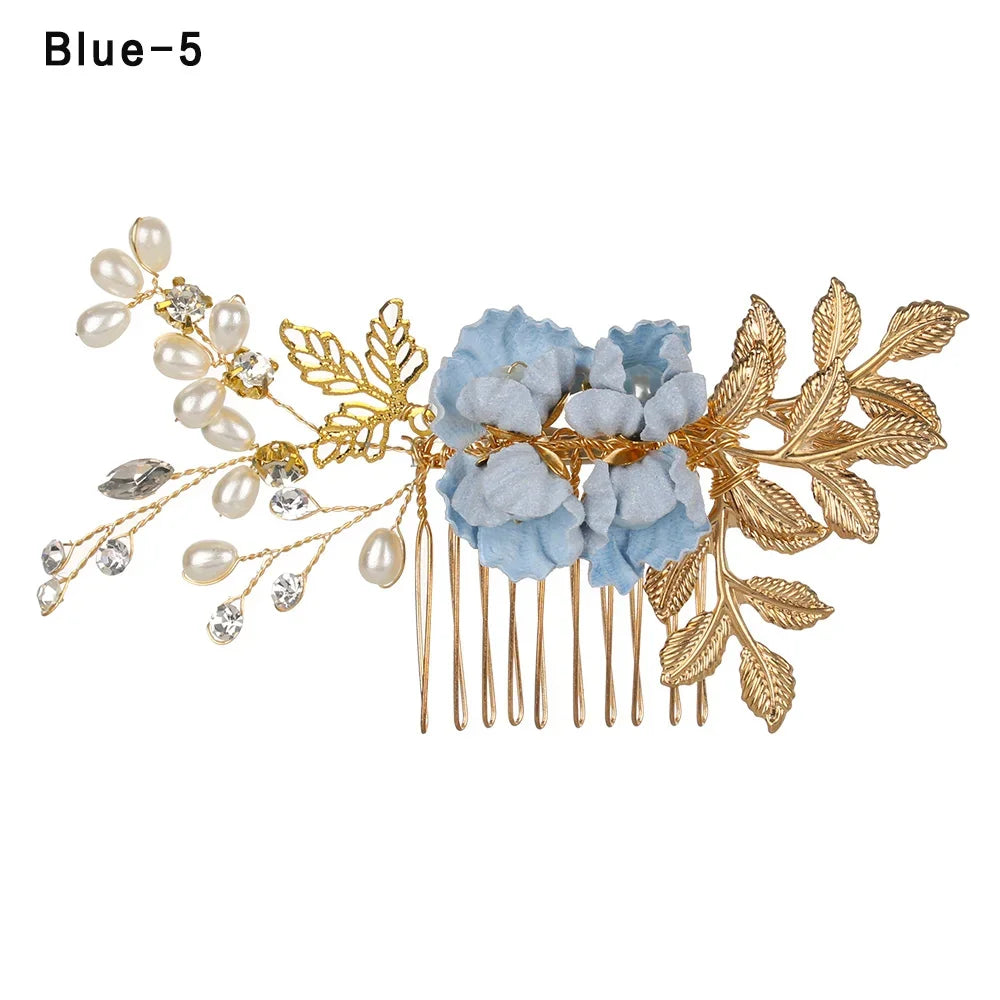 Luxury Crystal Crown Hair Combs - Elegant Bridal Clips with Leaf Design pink 2