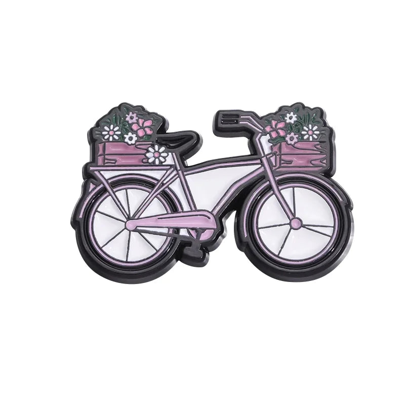 Whimsical Break Enamel Pin Set with Floral Bicycle and Watering Can Designs for Backpacks and Parties