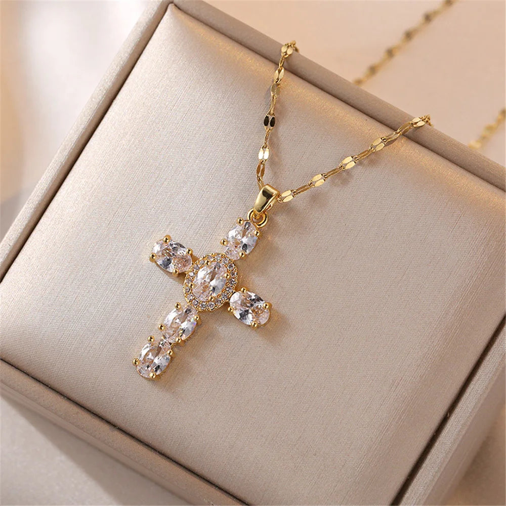 Elegant Rainbow Zircon Cross Pendant Necklace in Vintage Gold for Women