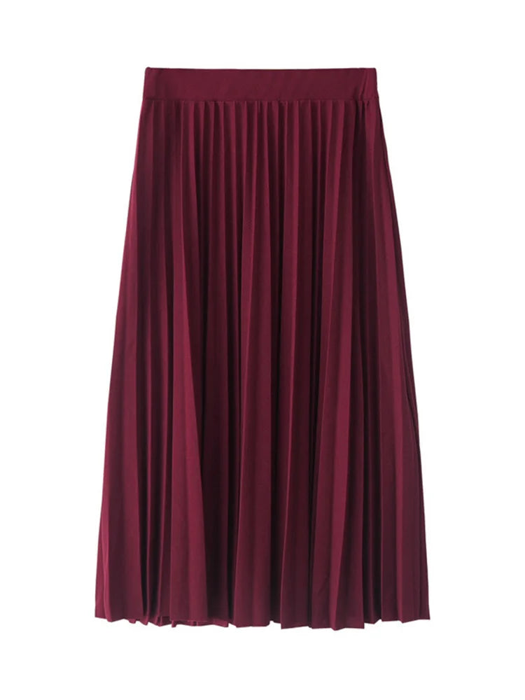 High Waist Pleated Skirt For Women Solid Color Elastic