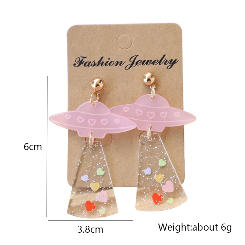 Valentine's Day Pink Heart UFO Gashapon Earrings for Women - Cute Acrylic Drop Spaceship Jewelry Gift
